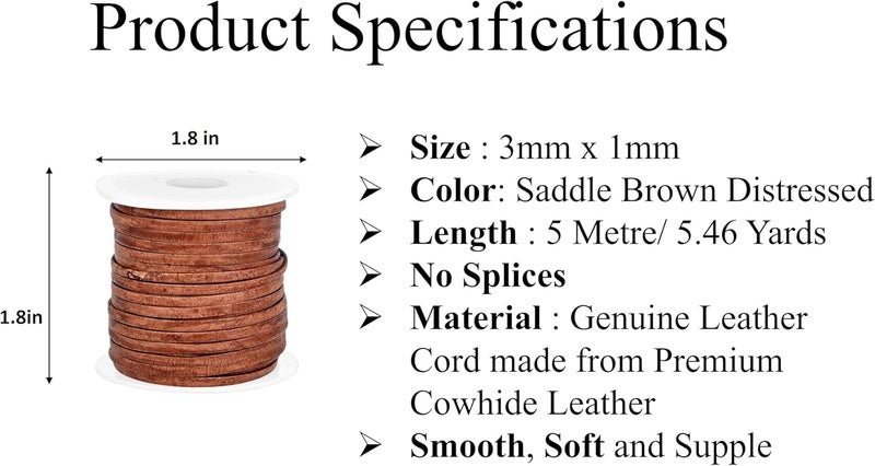 GENIQUE 3mm Leather Cord, 1/8 inch Leather String Cord, Leather Strips for Leather Shoe Laces, Necklace, Bracelets, Jewelry Making, Crafting (3mm Saddle Brown Distressed 5Mtr) - Image 2
